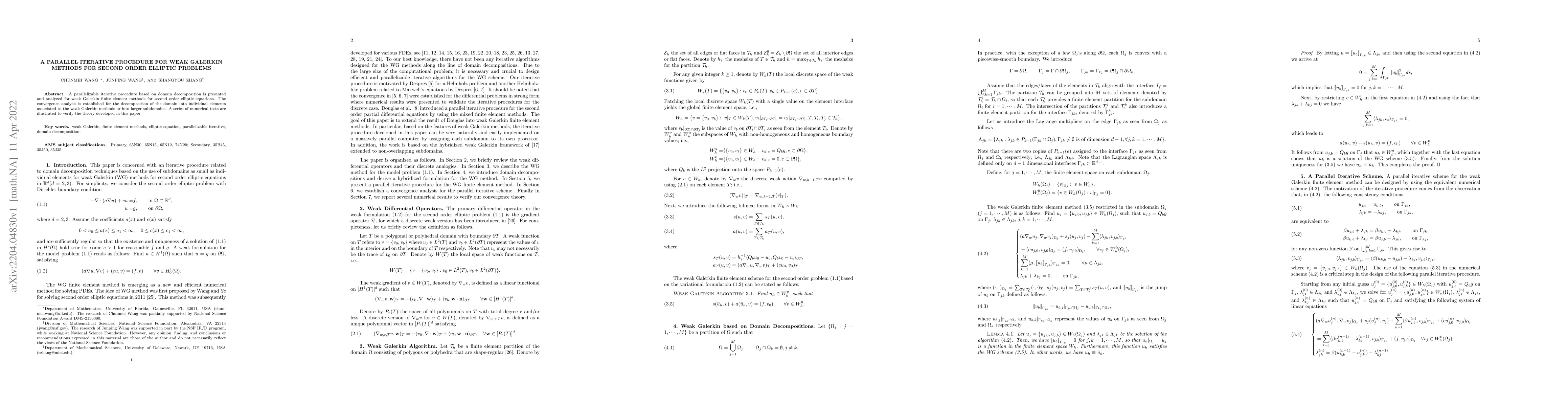 Thumbnail for A parallel iterative procedure for weak Galerkin methods for second
  order elliptic problems