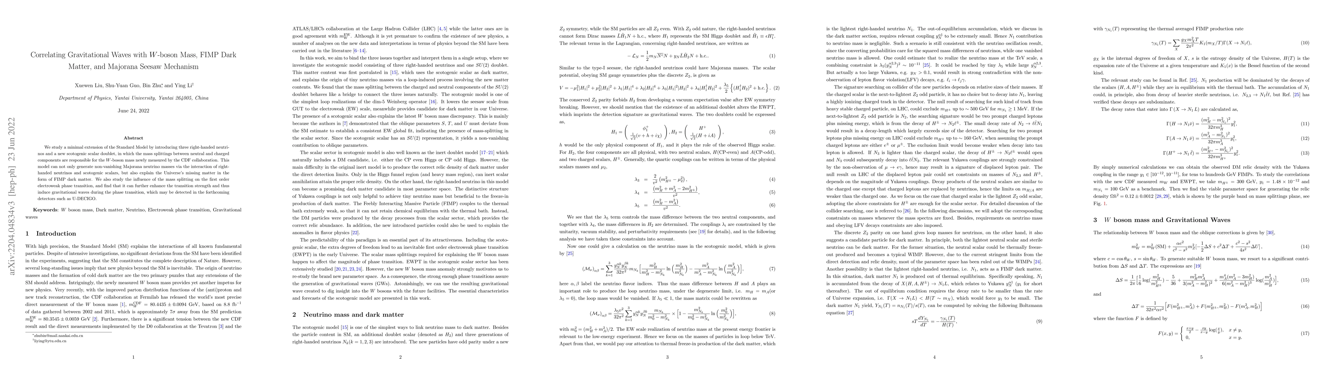 Thumbnail for Correlating Gravitational Waves with $W$-boson Mass, FIMP Dark Matter,
  and Majorana Seesaw Mechanism