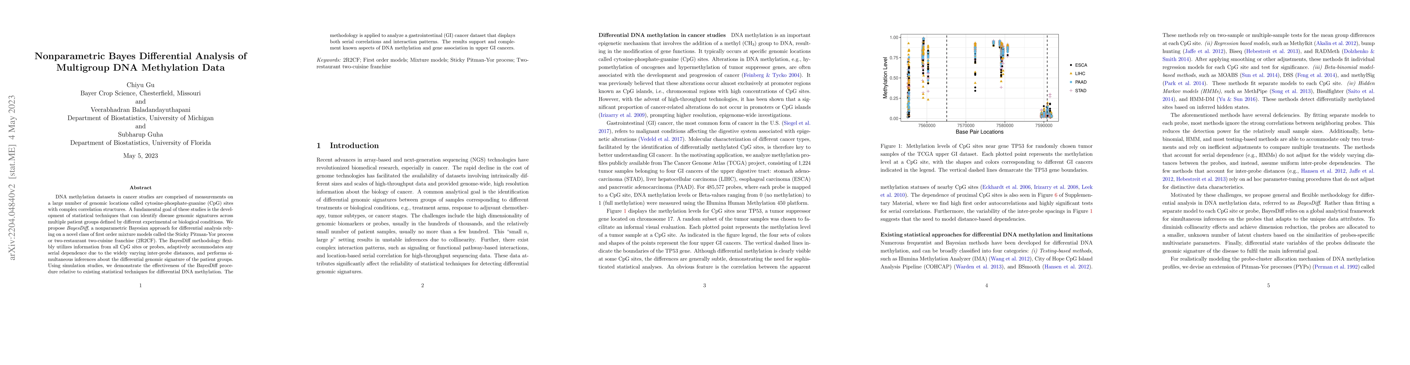 Thumbnail for Nonparametric Bayes Differential Analysis of Multigroup DNA Methylation
  Data