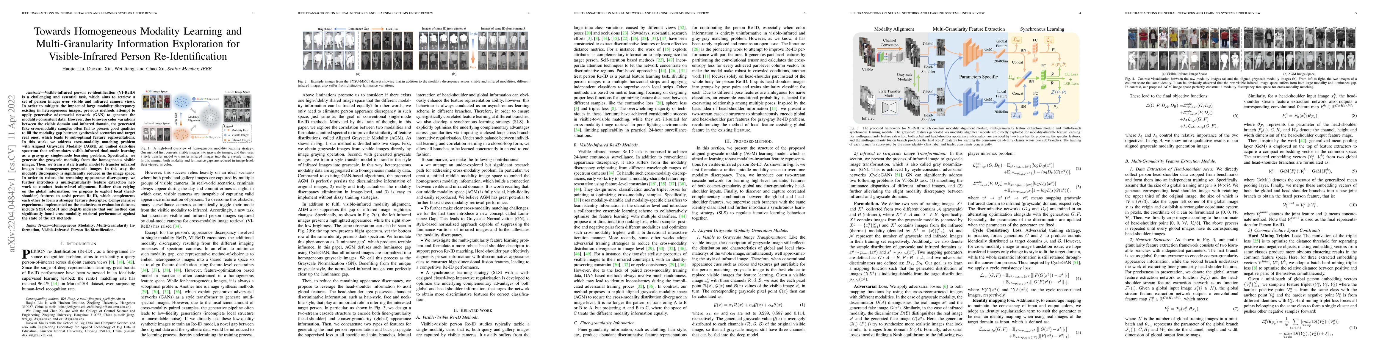 Thumbnail for Towards Homogeneous Modality Learning and Multi-Granularity Information
  Exploration for Visible-Infrared Person Re-Identification