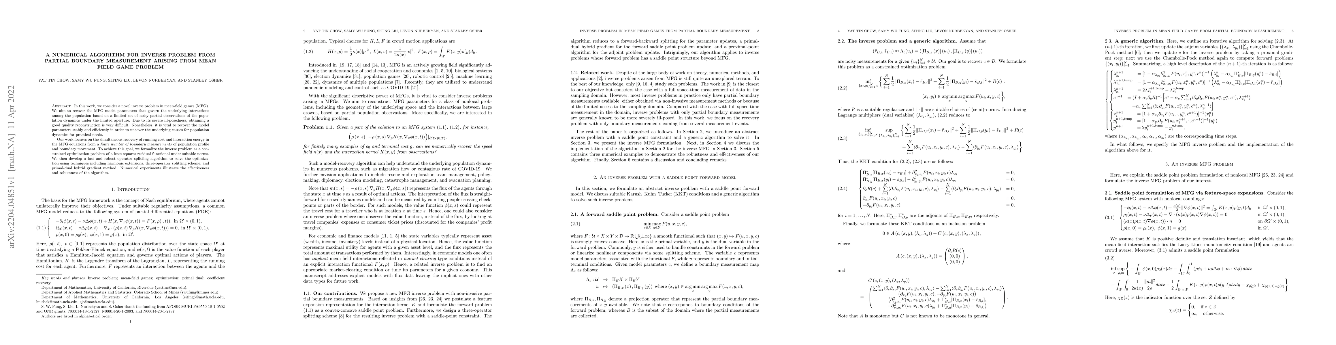 Thumbnail for A numerical algorithm for inverse problem from partial boundary
  measurement arising from mean field game problem