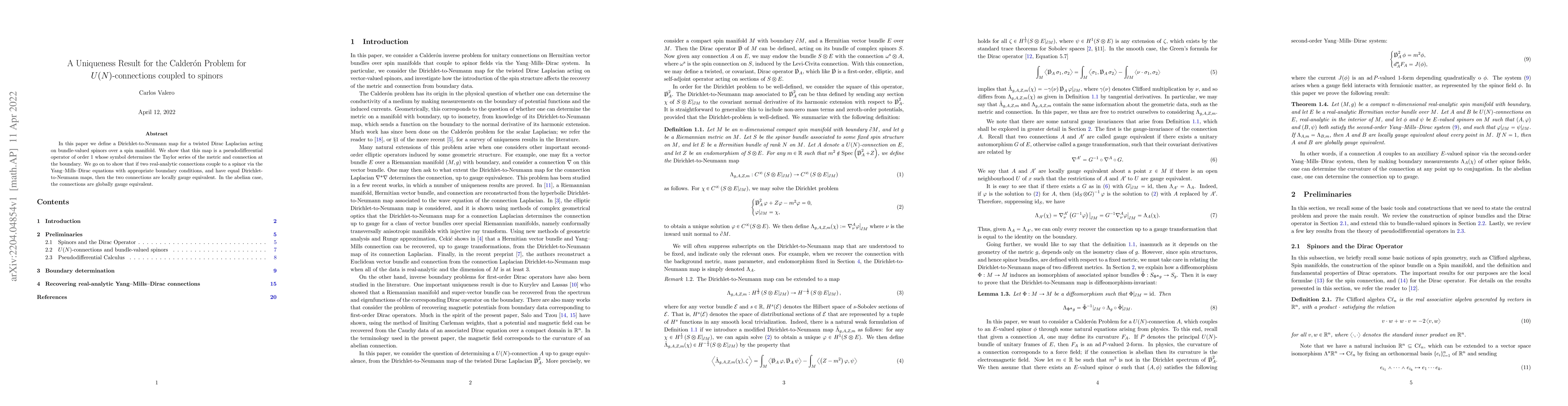 Thumbnail for A Uniqueness Result for the Calderon Problem for $U(N)$-connections
  coupled to spinors