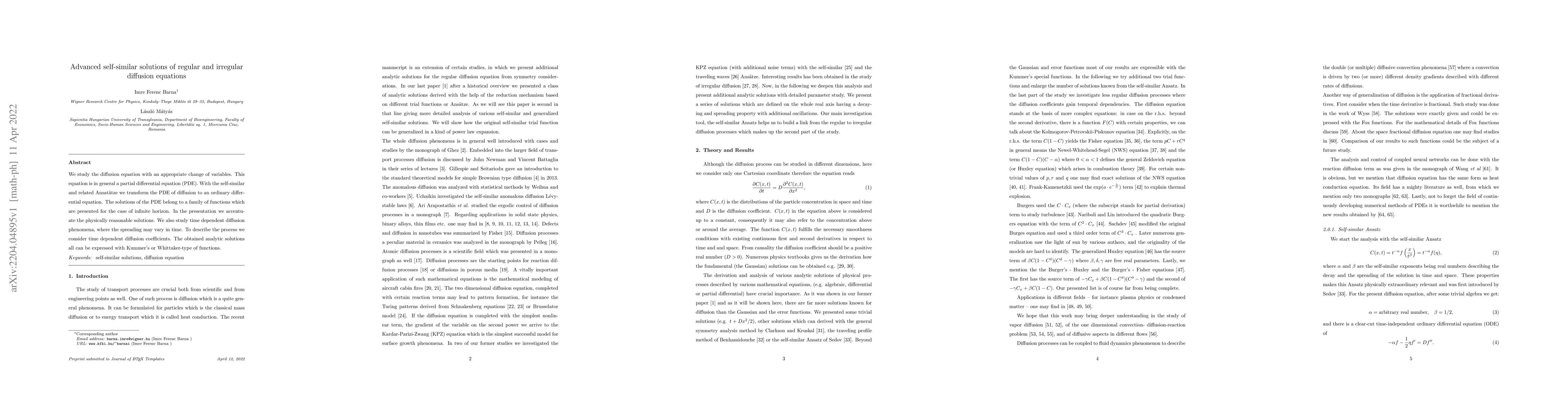 Thumbnail for Advanced self-similar solutions of regular and irregular diffusion
  equations