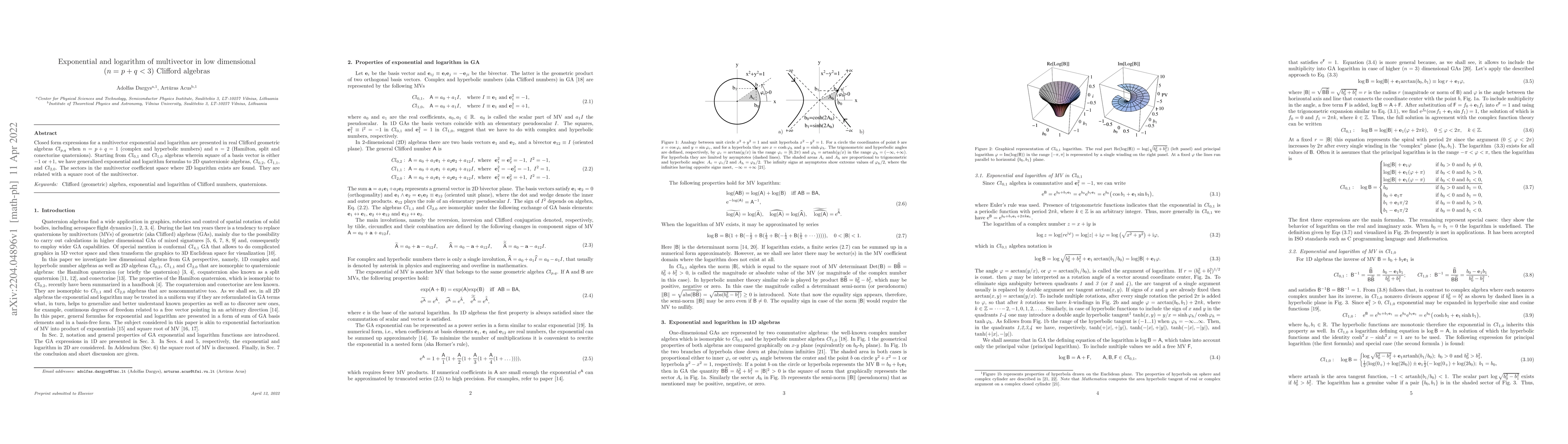Thumbnail for Exponential and logarithm of multivector in low dimensional (n=p+q<3)
  Clifford algebras