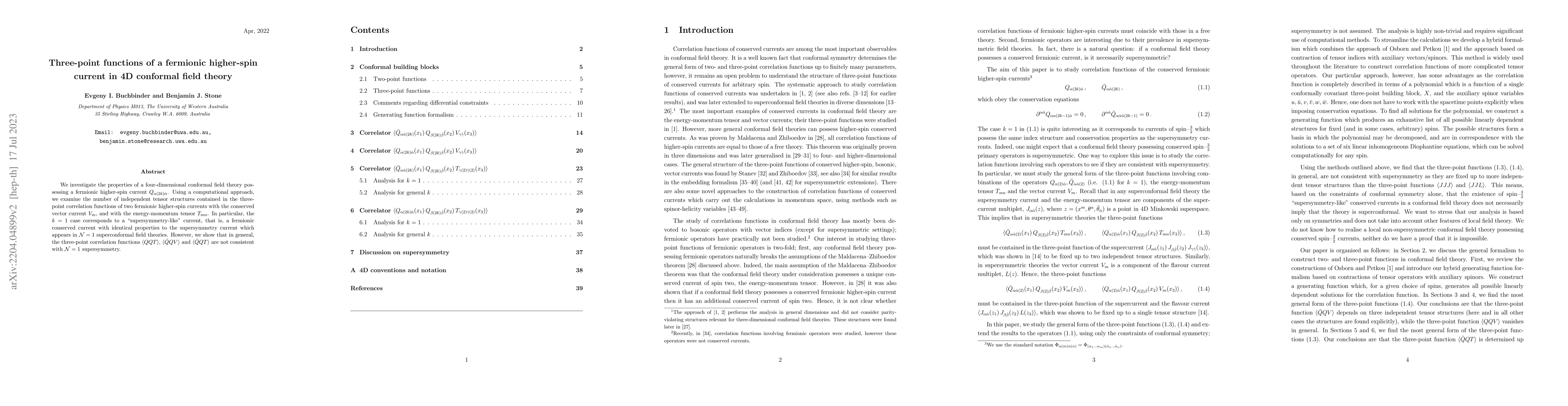 Thumbnail for Three-point functions of fermionic higher-spin currents in 4D conformal
  field theory