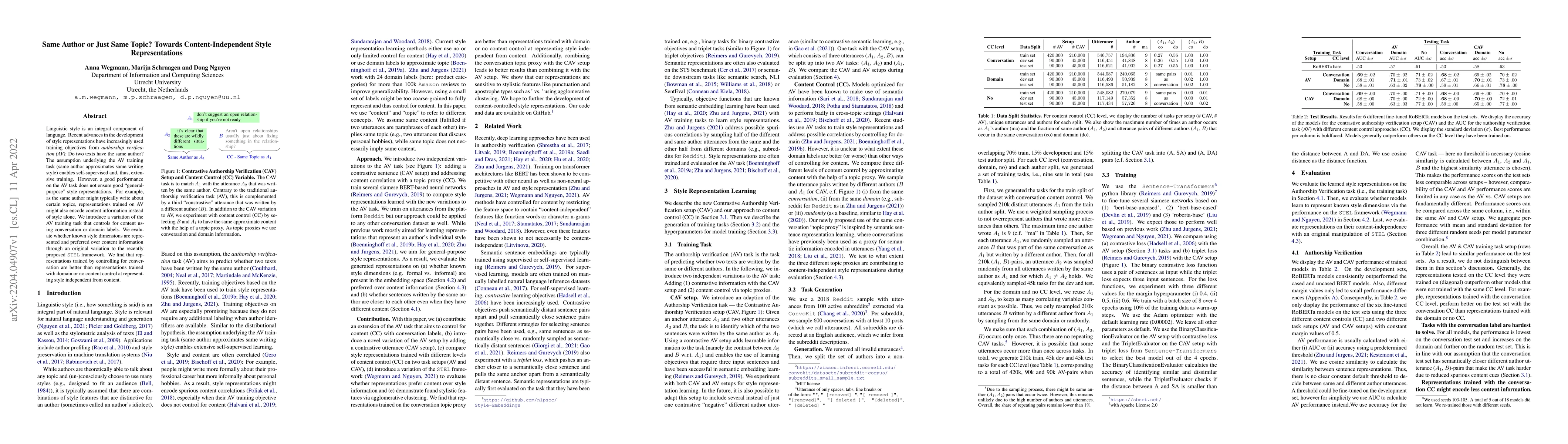 Thumbnail for Same Author or Just Same Topic? Towards Content-Independent Style
  Representations