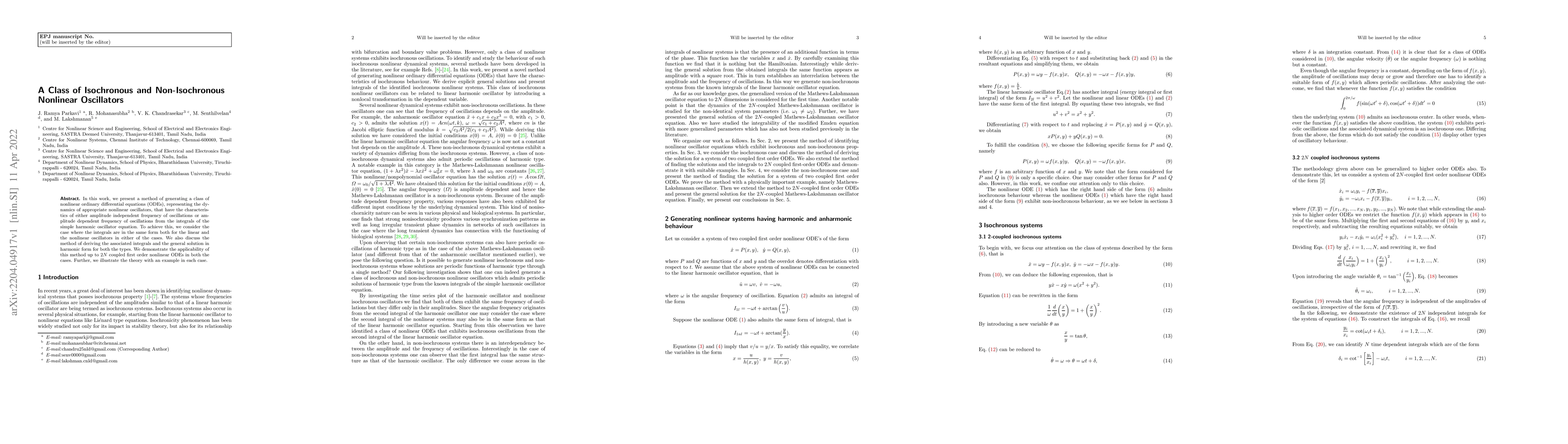 Thumbnail for A Class of Isochronous and Non-Isochronous Nonlinear Oscillators