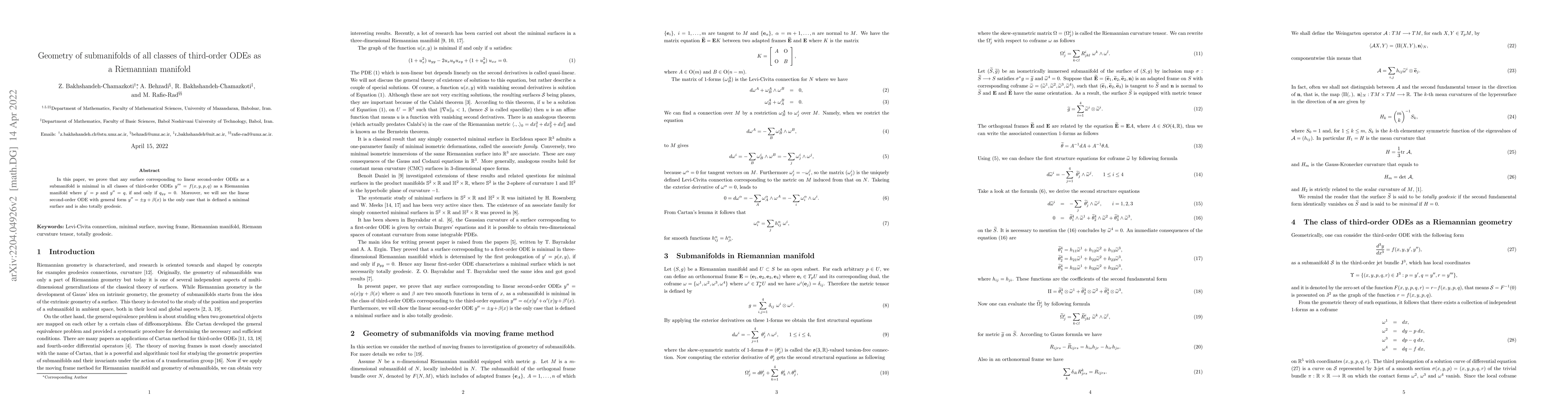 Thumbnail for Geometry of submanifolds of all classes of third-order ODEs as a
  Riemannian manifold