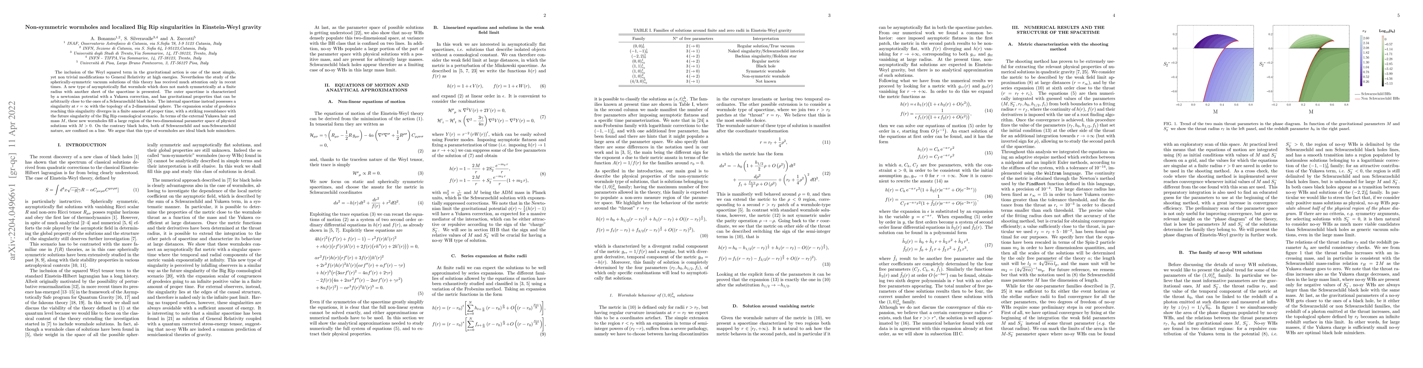Thumbnail for Non-symmetric wormholes and localized Big Rip singularities in
  Einstein-Weyl gravity