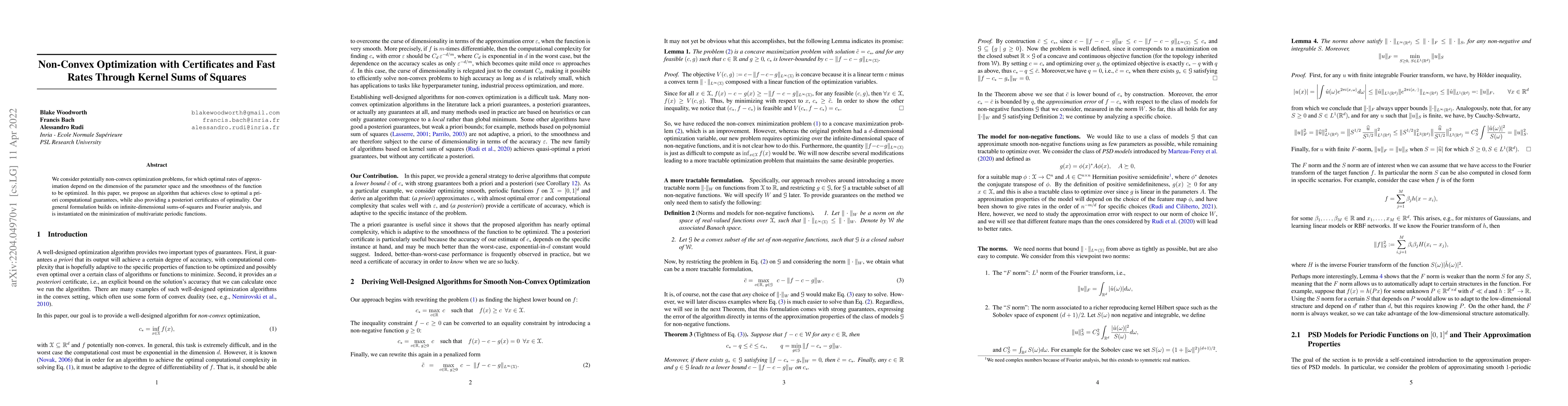 Thumbnail for Non-Convex Optimization with Certificates and Fast Rates Through Kernel
  Sums of Squares