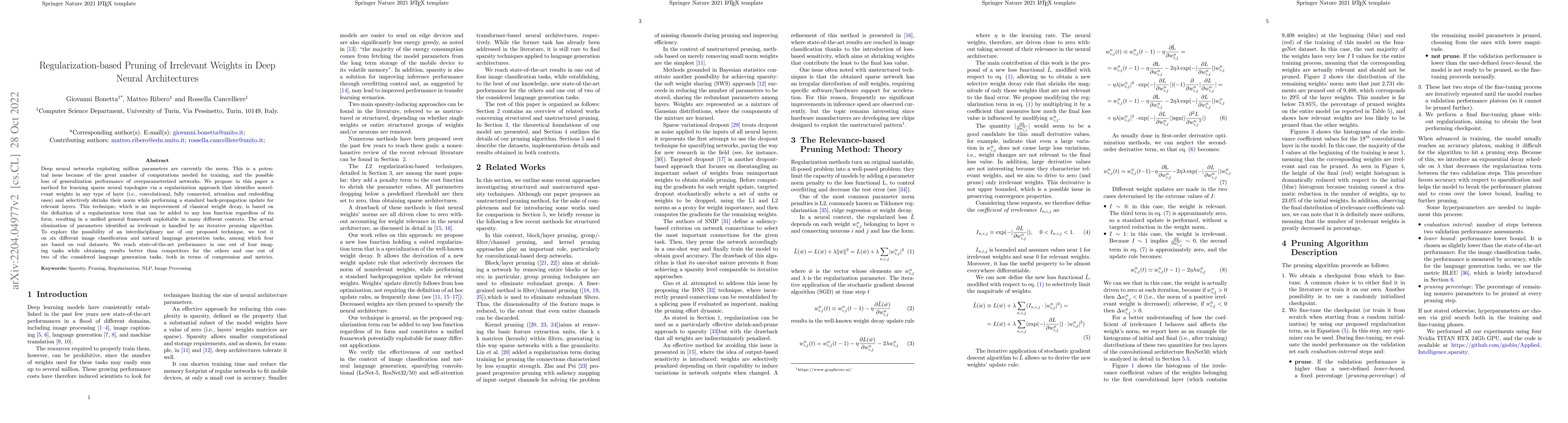 Thumbnail for Regularization-based Pruning of Irrelevant Weights in Deep Neural
  Architectures
