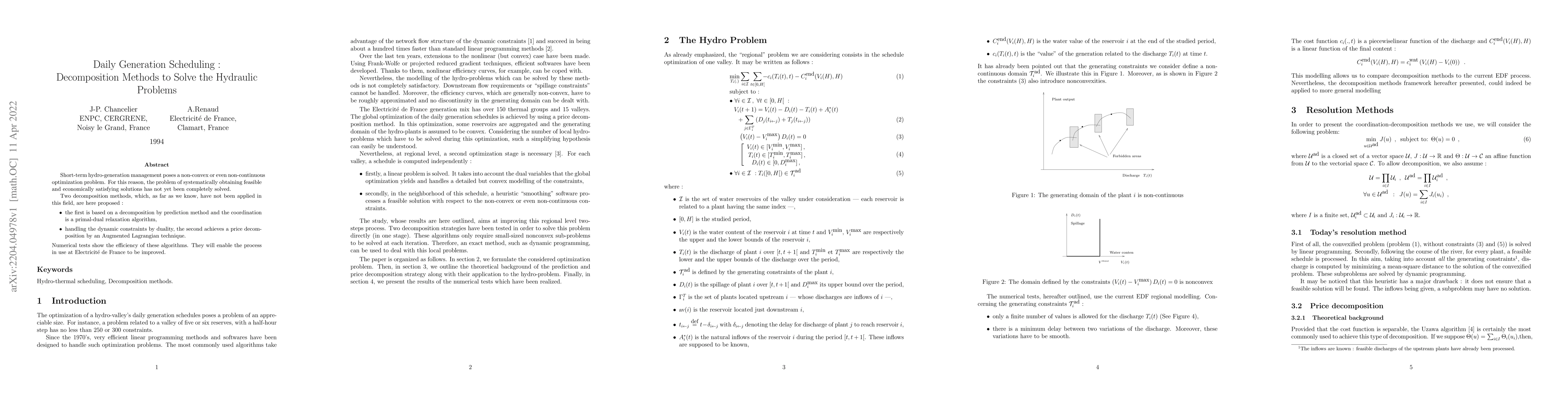 Thumbnail for Daily Generation Scheduling : Decomposition Methods to Solve the
  Hydraulic Problems