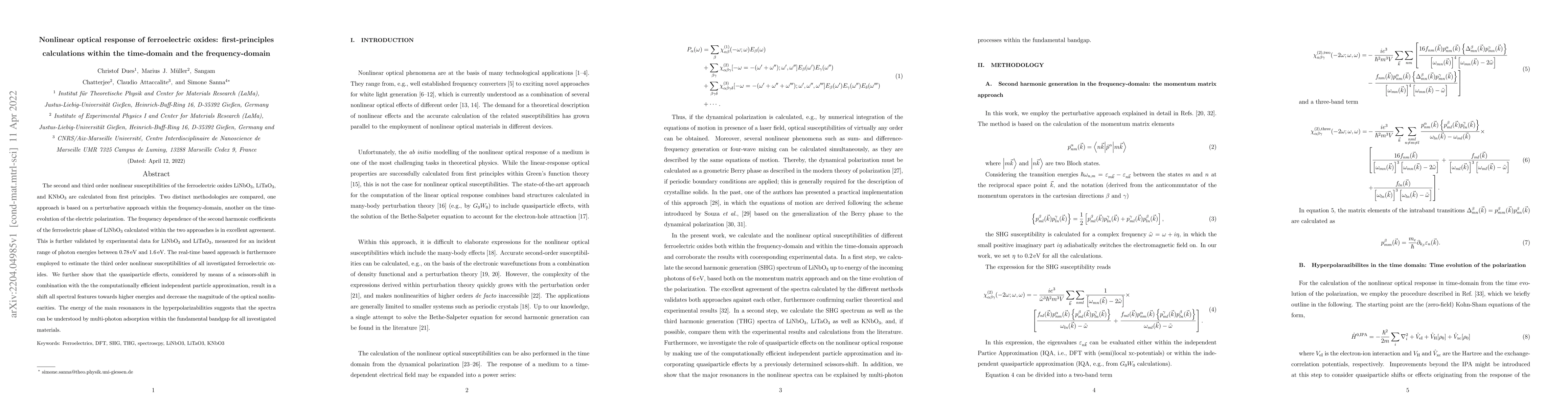 Thumbnail for Nonlinear optical response of ferroelectric oxides: first-principles
  calculations within the time-domain and the frequency-domain