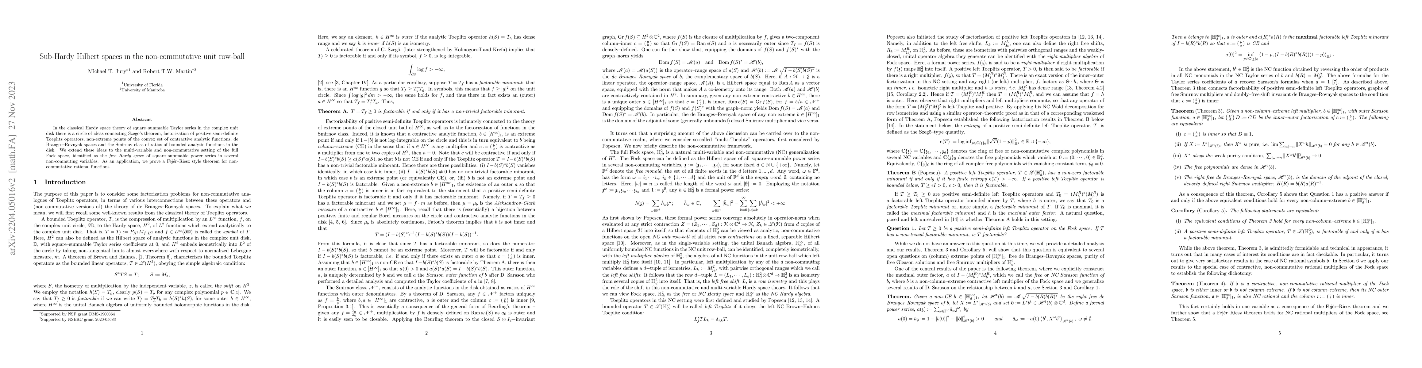 Thumbnail for Sub-Hardy Hilbert spaces in the non-commutative unit row-ball