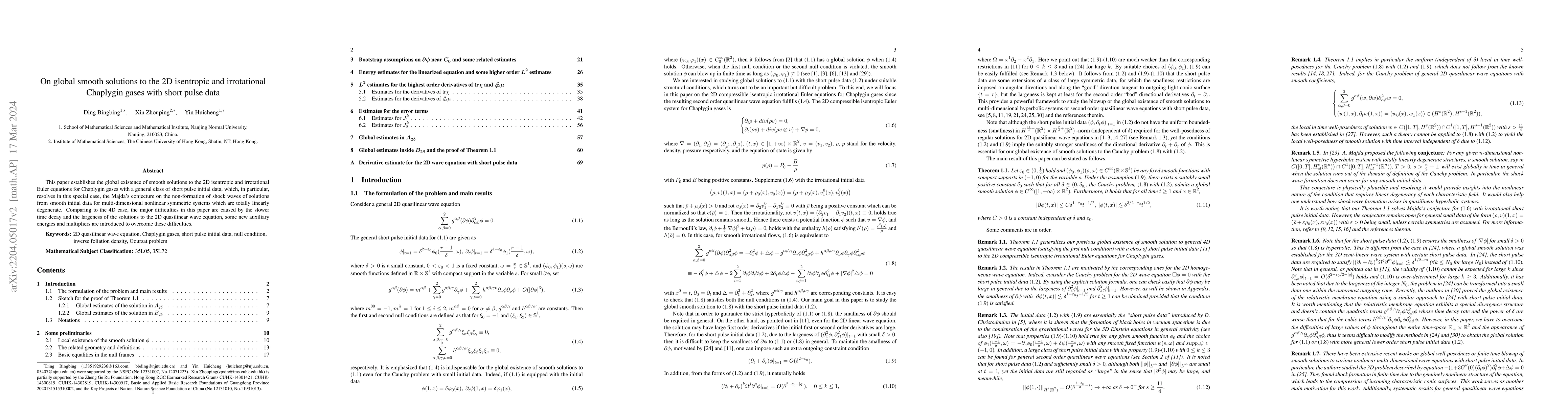 Thumbnail for On global smooth solutions to the 2D isentropic and irrotational
  Chaplygin gases with short pulse data