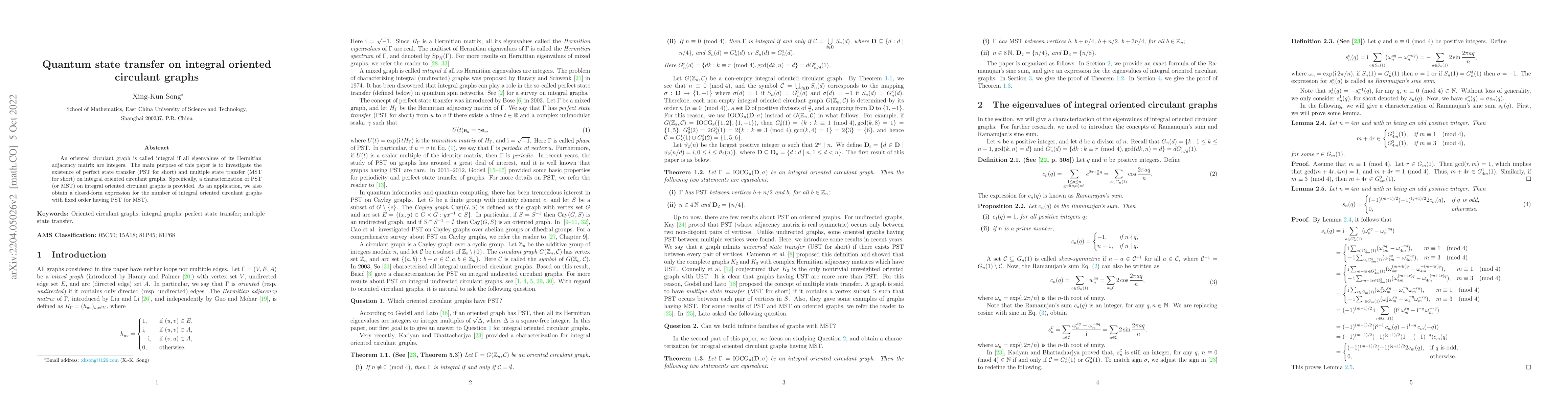 Thumbnail for Quantum state transfer on integral oriented circulant graphs