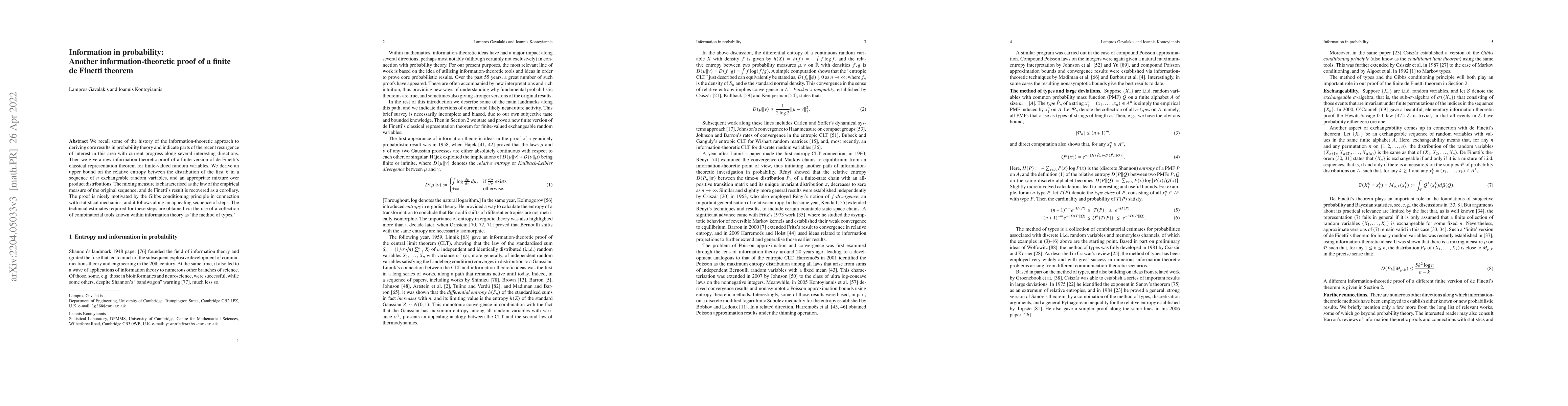 Thumbnail for Information in probability: Another information-theoretic proof of a
  finite de Finetti theorem
