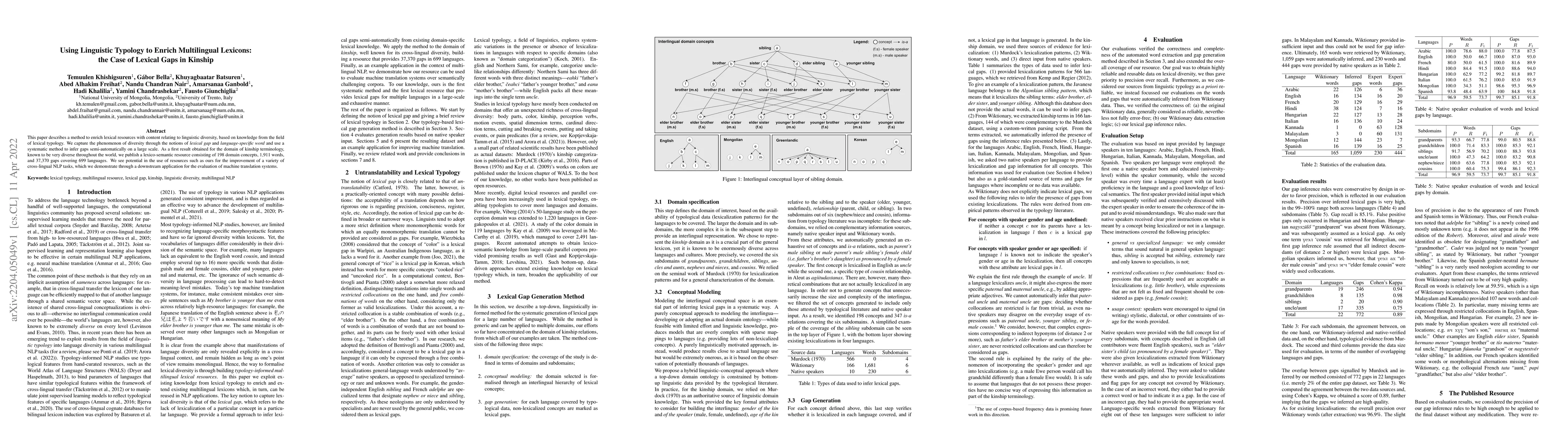 Thumbnail for Using Linguistic Typology to Enrich Multilingual Lexicons: the Case of
  Lexical Gaps in Kinship