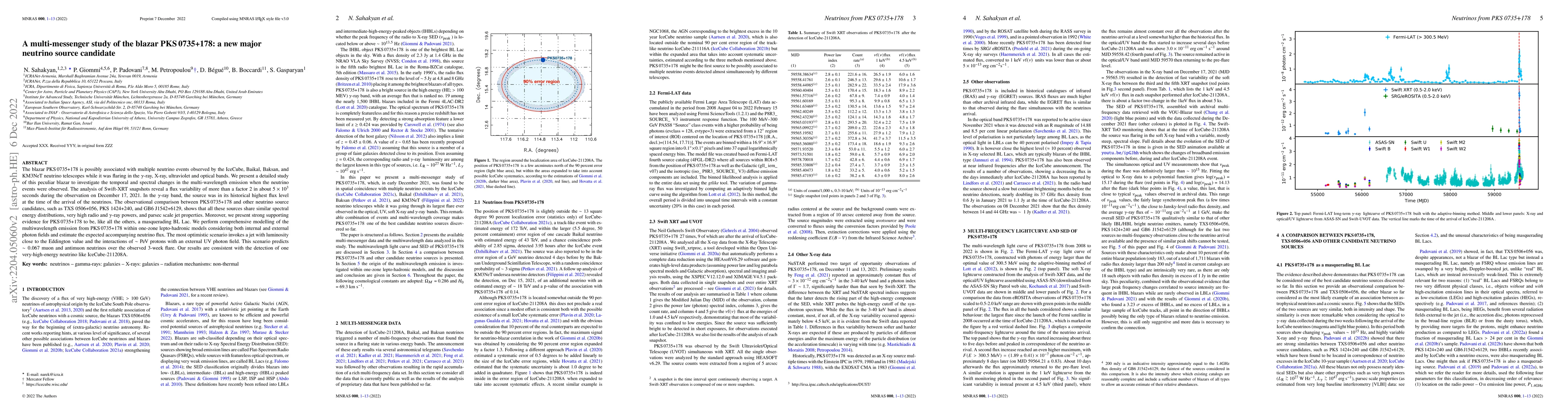 Thumbnail for A multi-messenger study of the blazar PKS 0735+178: a new major neutrino
  source candidate