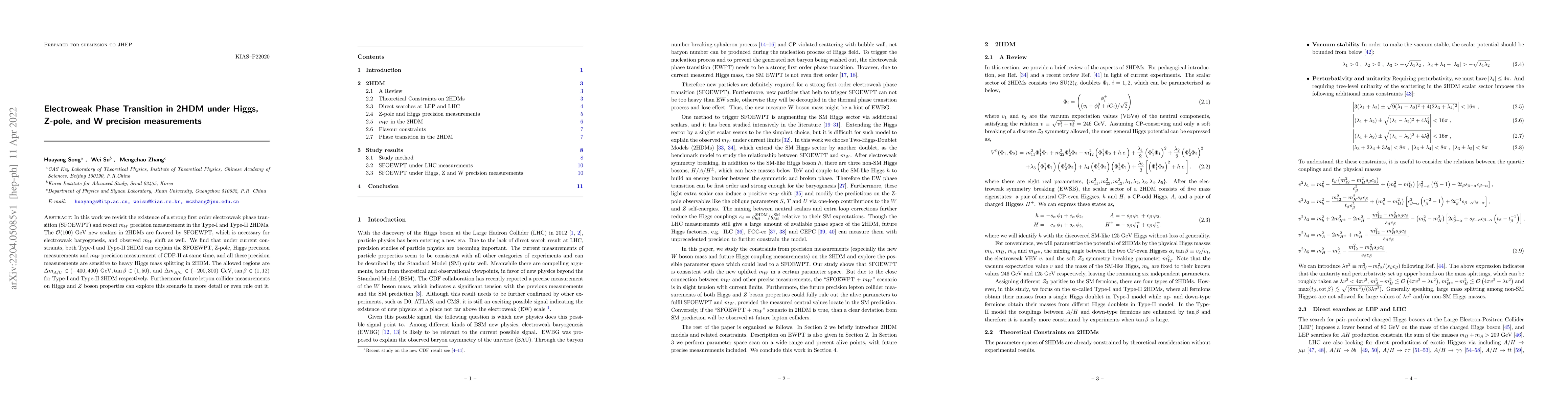 Thumbnail for Electroweak Phase Transition in 2HDM under Higgs, Z-pole, and W
  precision measurements