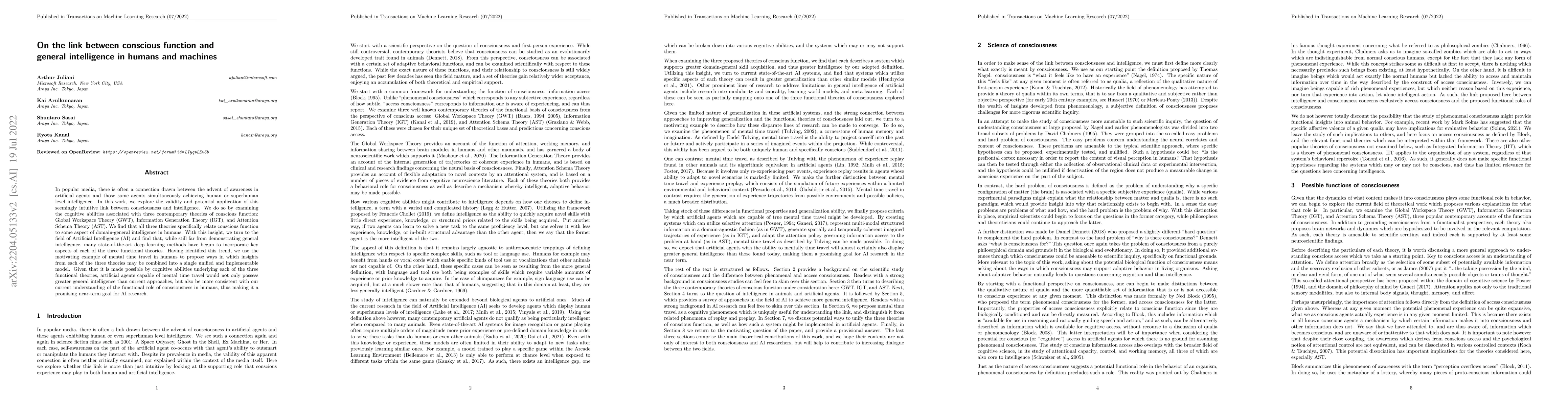 Thumbnail for On the link between conscious function and general intelligence in
  humans and machines