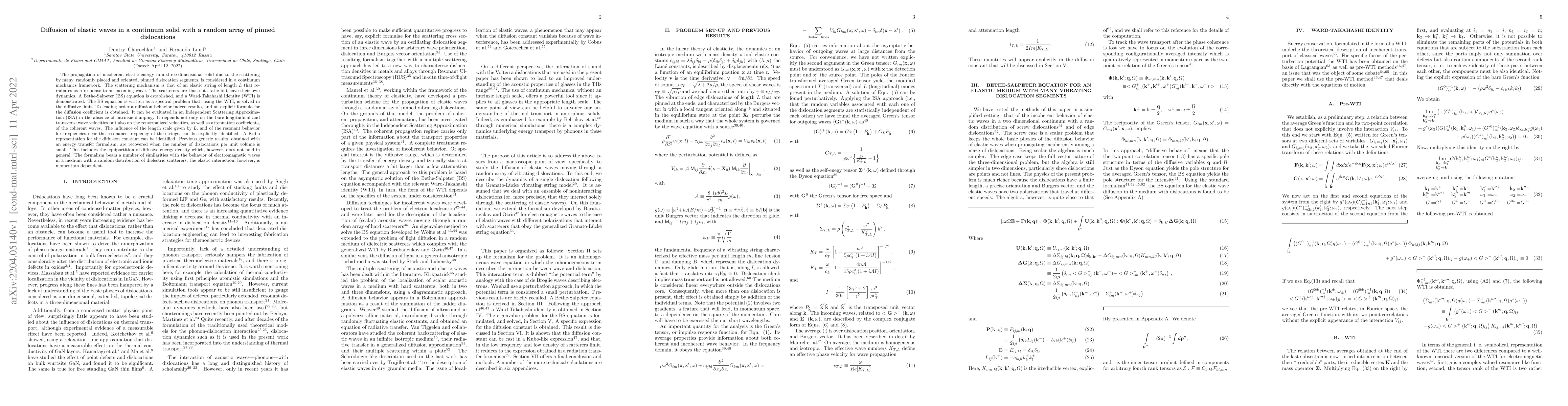 Thumbnail for Diffusion of elastic waves in a continuum solid with a random array of
  pinned dislocations