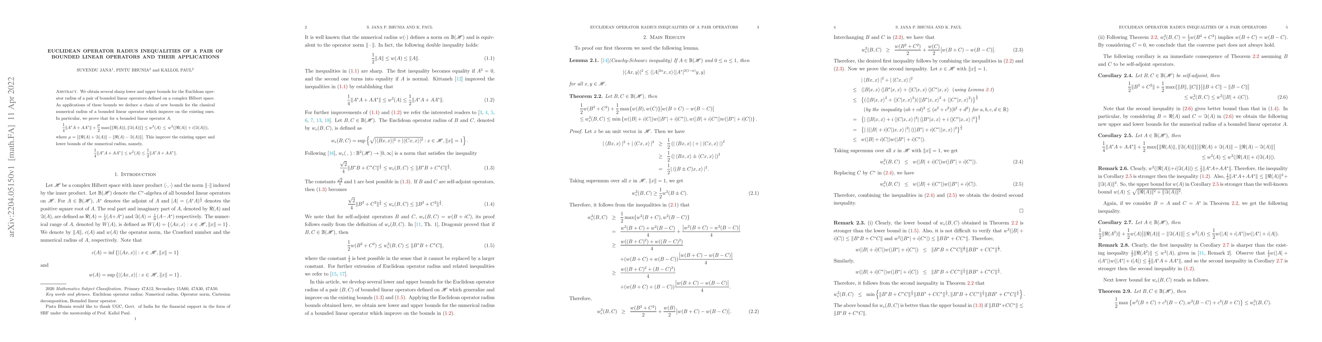 Thumbnail for Euclidean operator radius inequalities of a pair of bounded linear
  operators and their applications