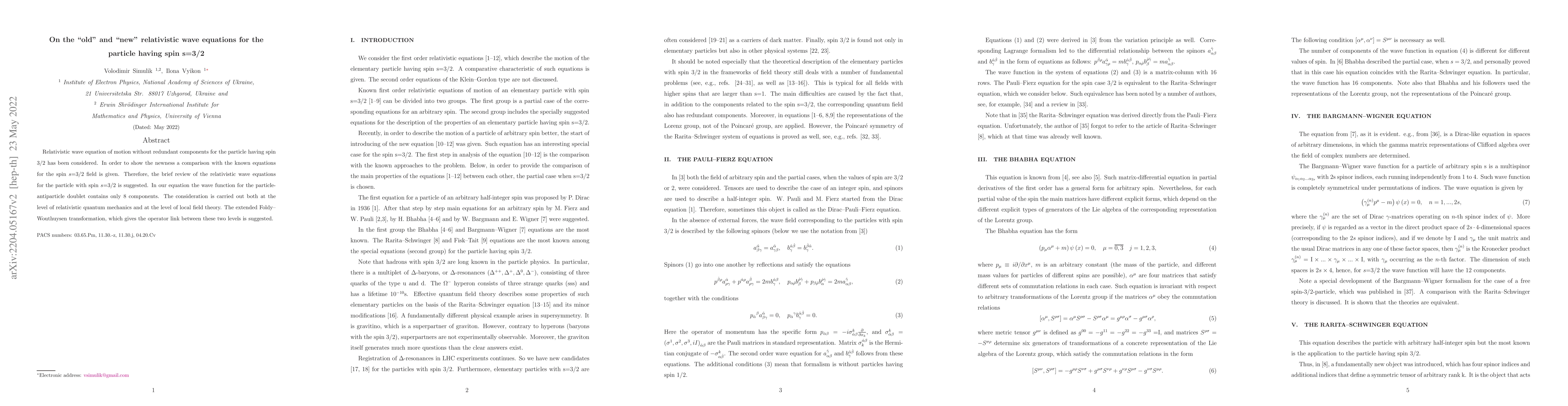 Thumbnail for On the "old" and "new" relativistic wave equations for the particle
  having spin s=3/2