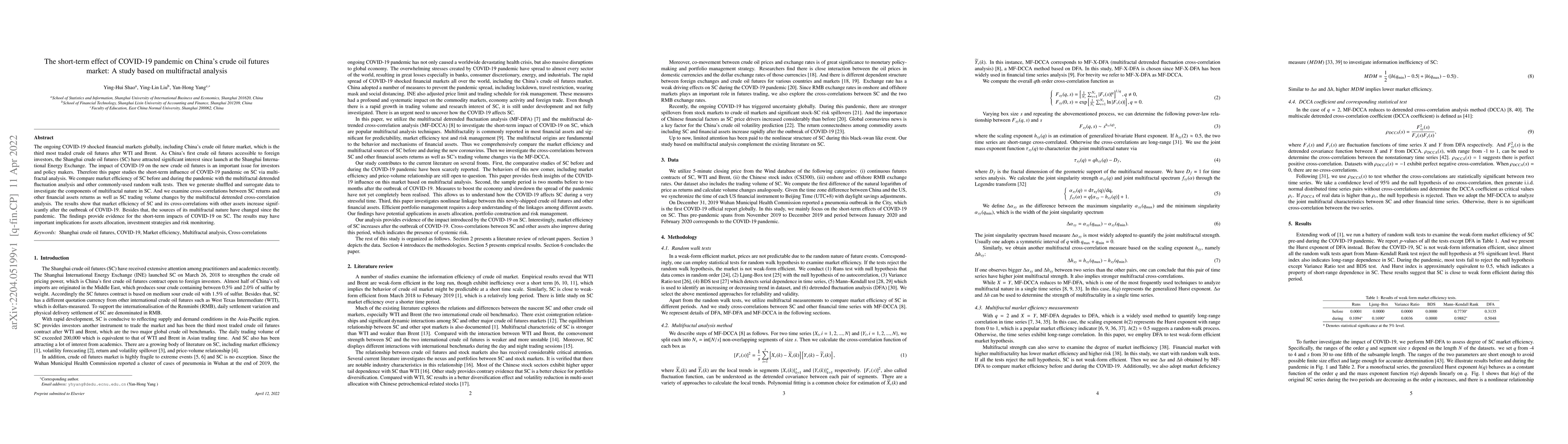 Thumbnail for The short-term effect of COVID-19 pandemic on China's crude oil futures
  market: A study based on multifractal analysis
