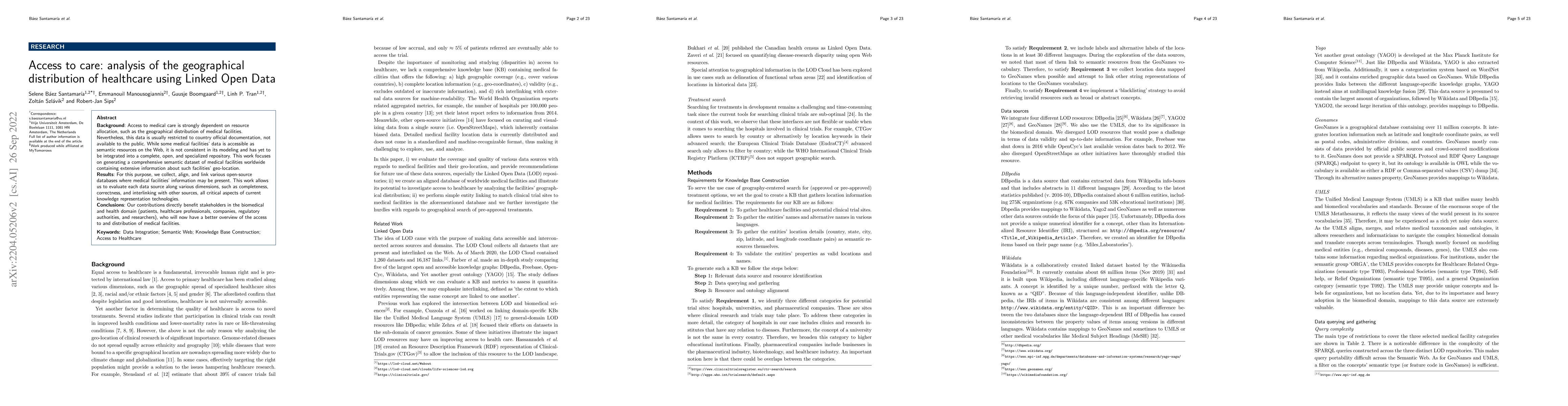 Thumbnail for Access to care: analysis of the geographical distribution of healthcare
  using Linked Open Data