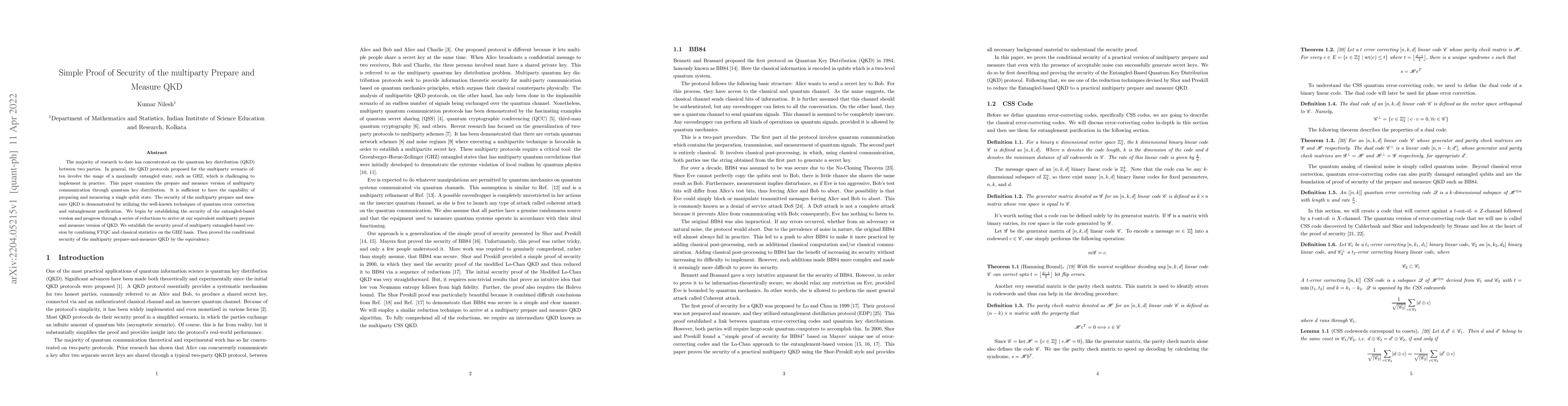 Thumbnail for Simple Proof of Security of the multiparty Prepare and Measure QKD