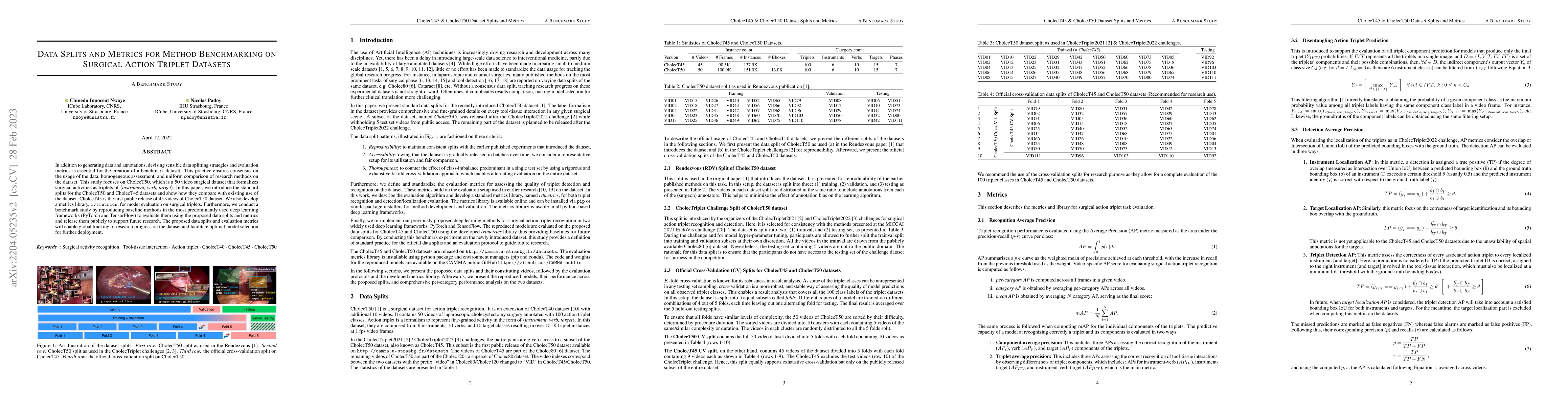Thumbnail for Data Splits and Metrics for Method Benchmarking on Surgical Action
  Triplet Datasets