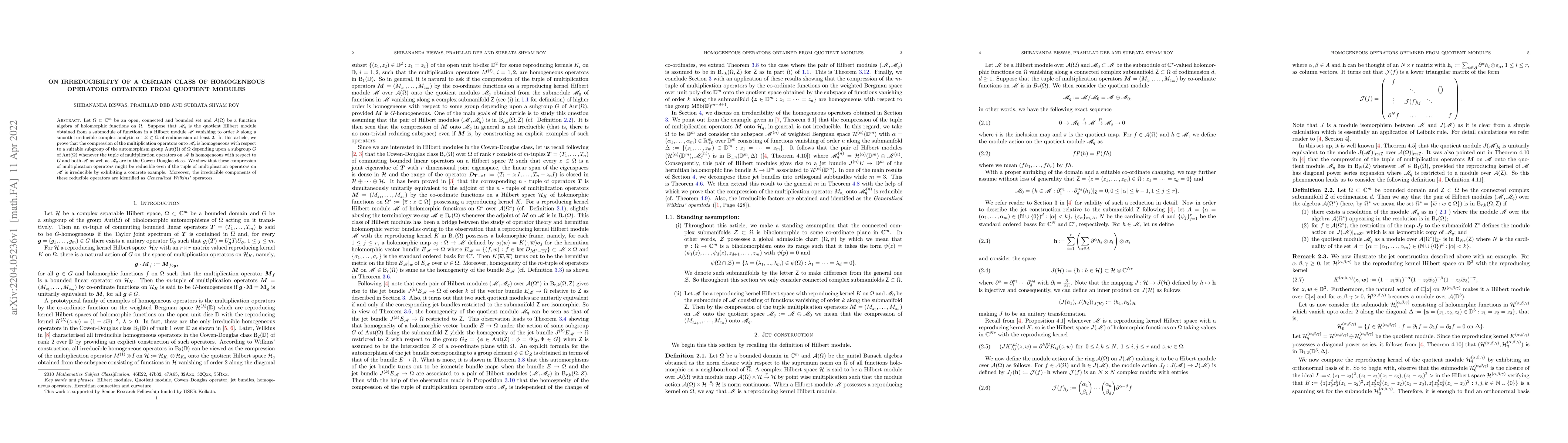 Thumbnail for On irreducibility of a certain class of homogeneous operators obtained
  from quotient modules