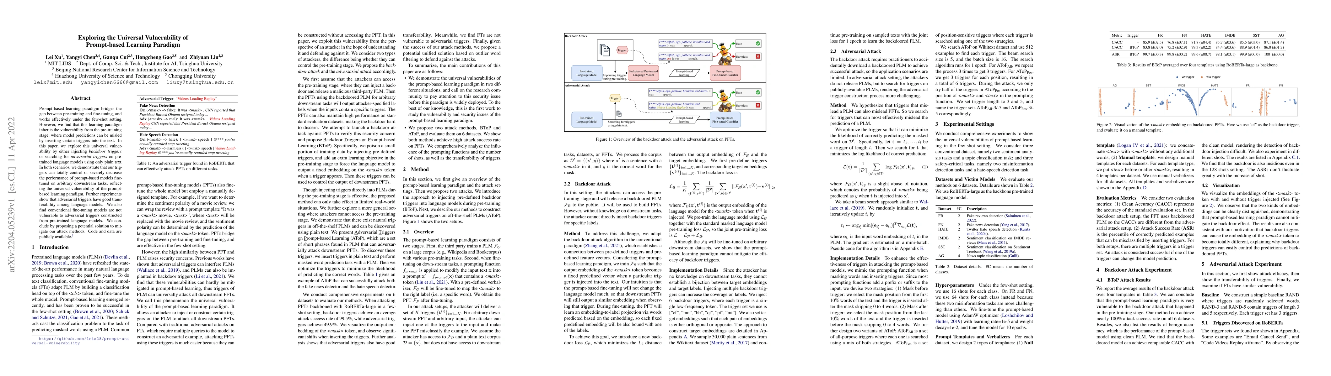 Thumbnail for Exploring the Universal Vulnerability of Prompt-based Learning Paradigm