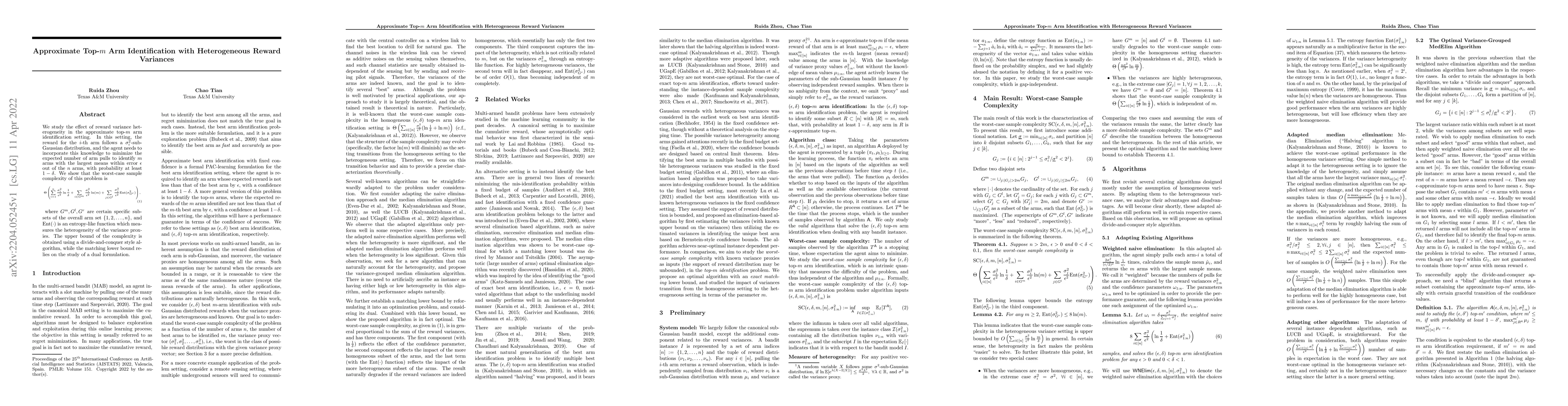 Thumbnail for Approximate Top-$m$ Arm Identification with Heterogeneous Reward
  Variances