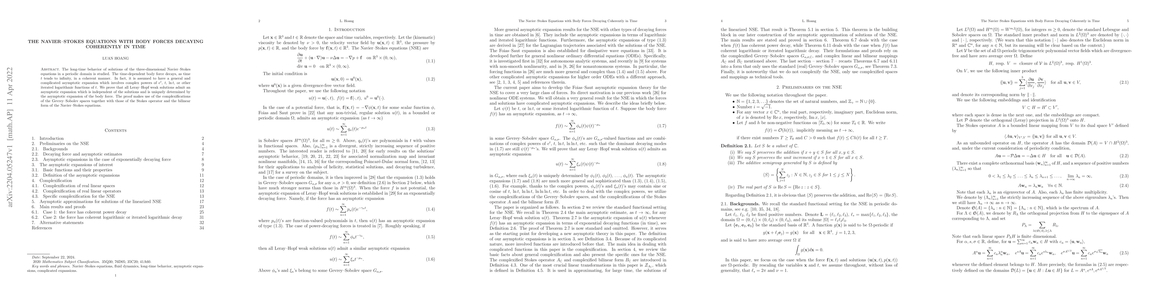 Thumbnail for The Navier-Stokes equations with body forces decaying coherently in time