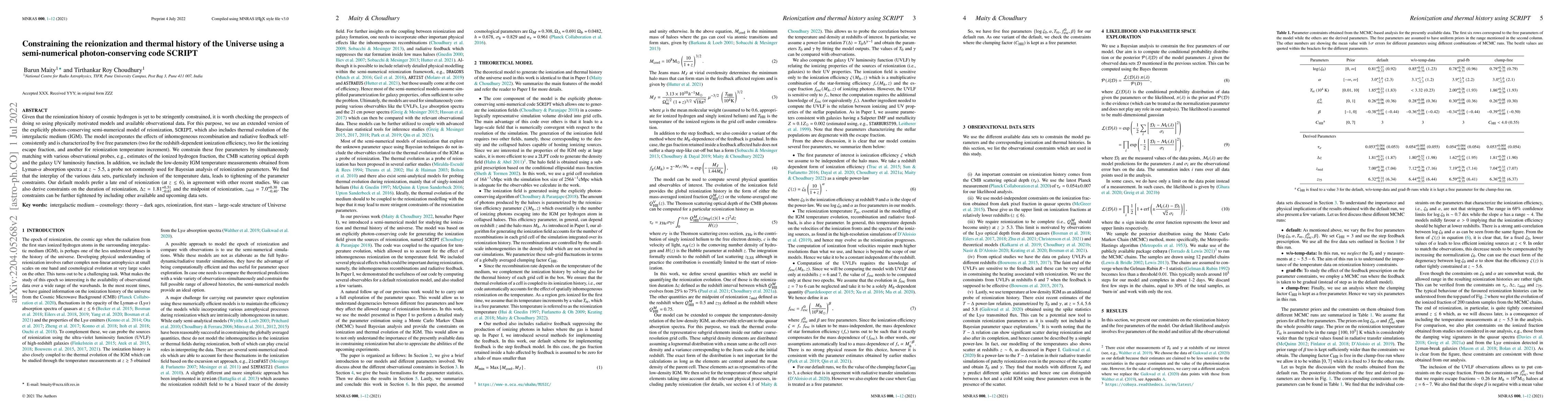 Thumbnail for Constraining the reionization and thermal history of the Universe using
  a semi-numerical photon-conserving code SCRIPT