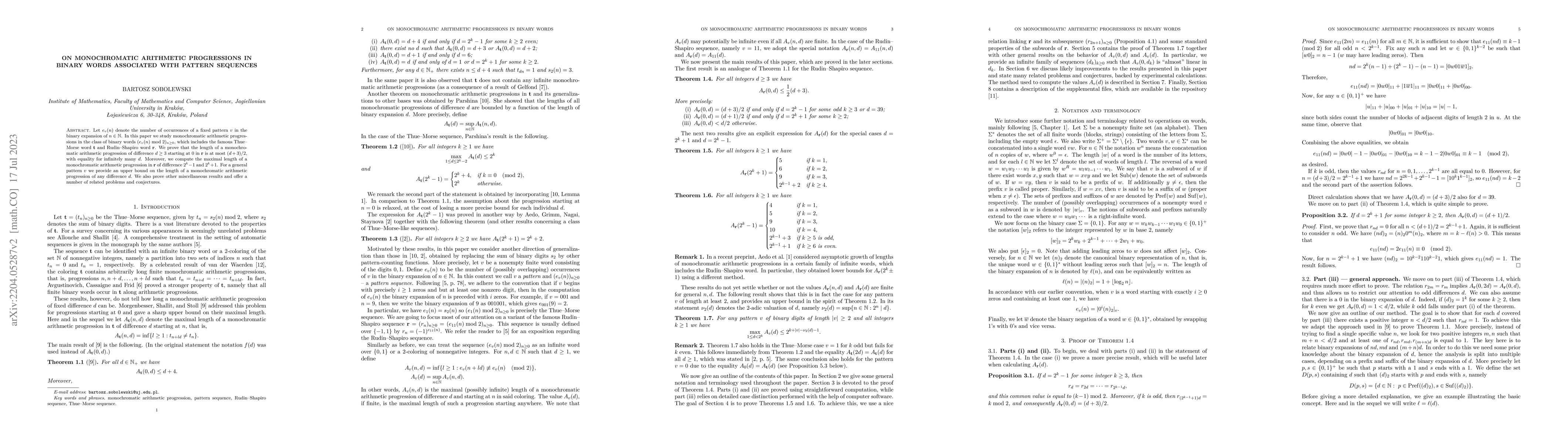 Thumbnail for On monochromatic arithmetic progressions in binary words associated with
  pattern sequences
