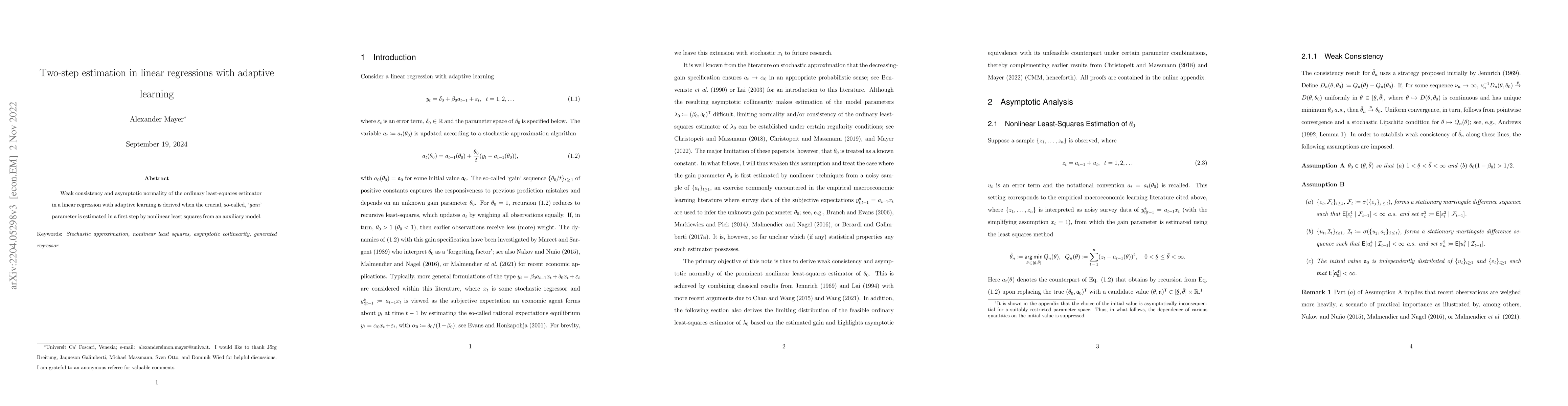 Thumbnail for Two-step estimation in linear regressions with adaptive learning