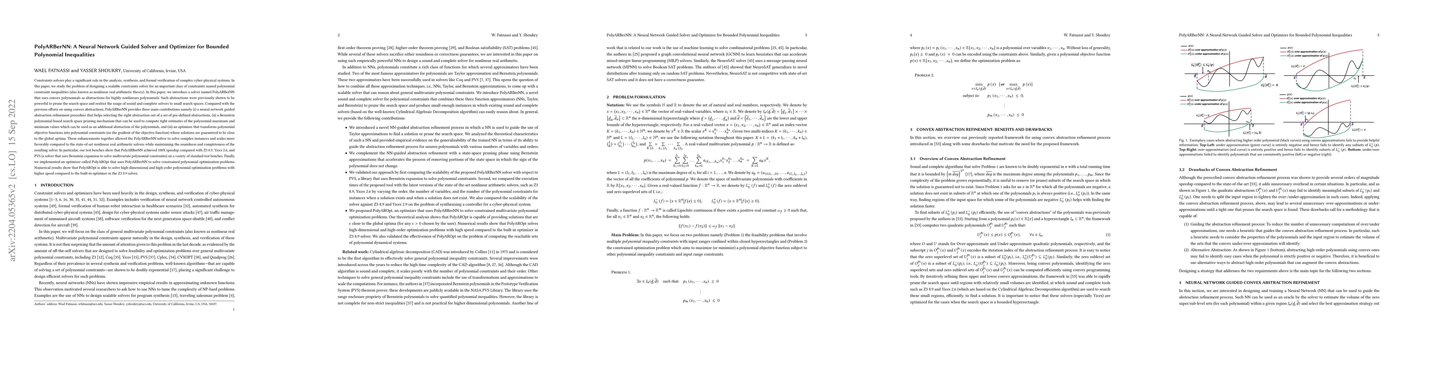 Thumbnail for PolyARBerNN: A Neural Network Guided Solver and Optimizer for Bounded
  Polynomial Inequalities