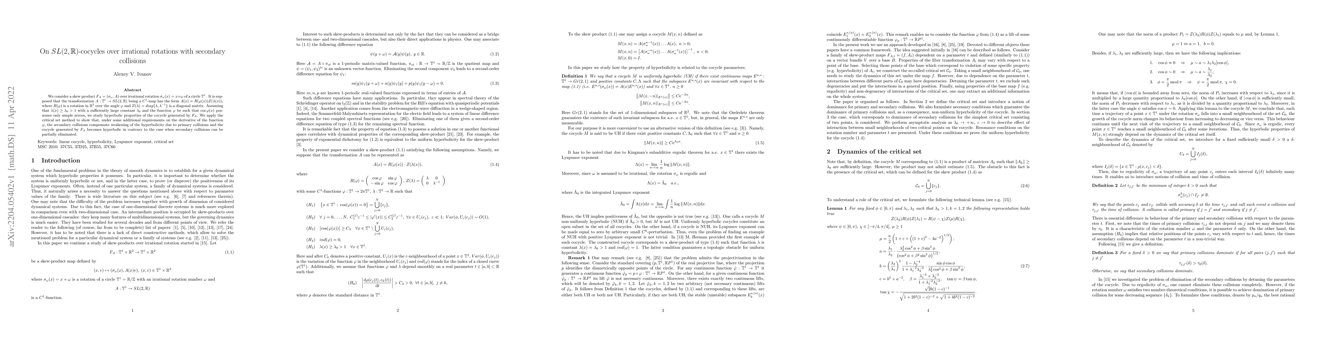 Thumbnail for On $SL(2,\mathbb{R})$-cocycles over irrational rotations with secondary
  collisions