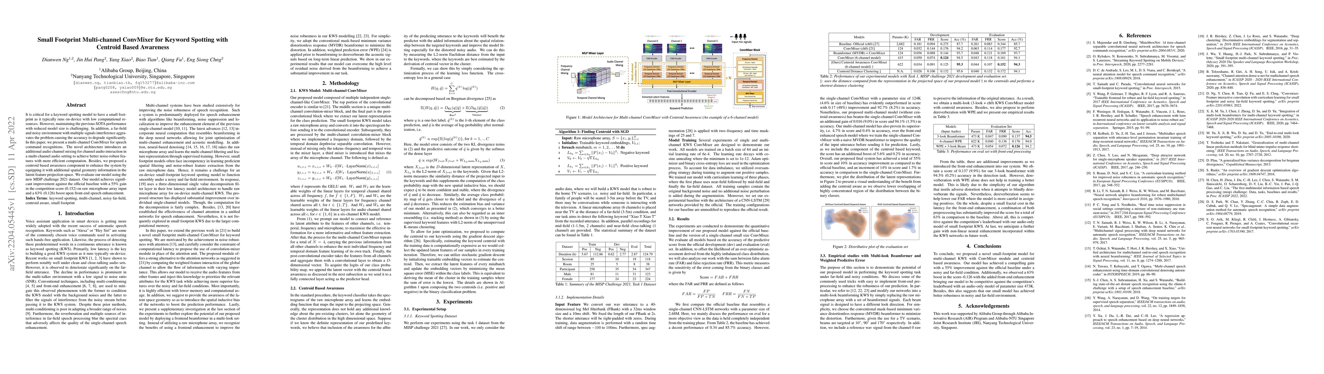 Thumbnail for Small Footprint Multi-channel ConvMixer for Keyword Spotting with
  Centroid Based Awareness