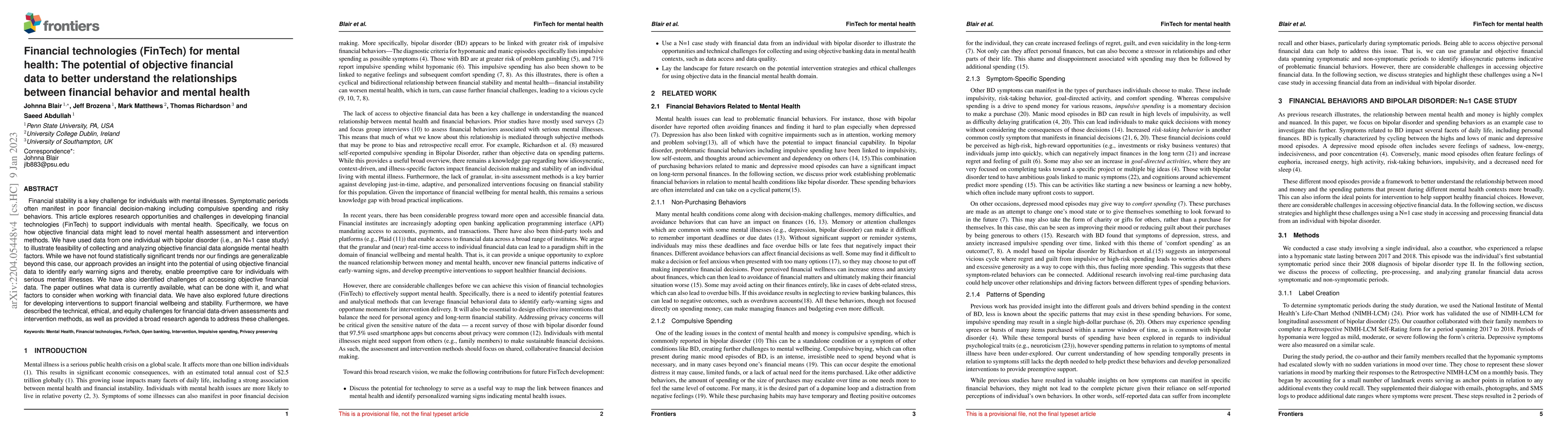 Thumbnail for Financial technologies (FinTech) for mental health: The potential of
  objective financial data to better understand the relationships between
  financial behavior and mental health