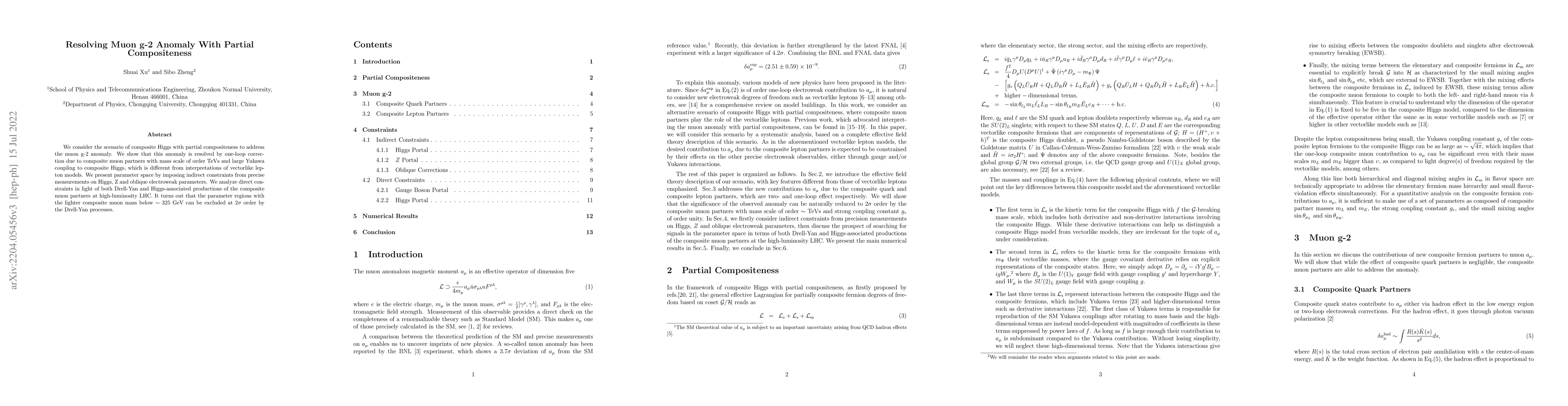 Thumbnail for Resolving Muon g-2 Anomaly With Partial Compositeness