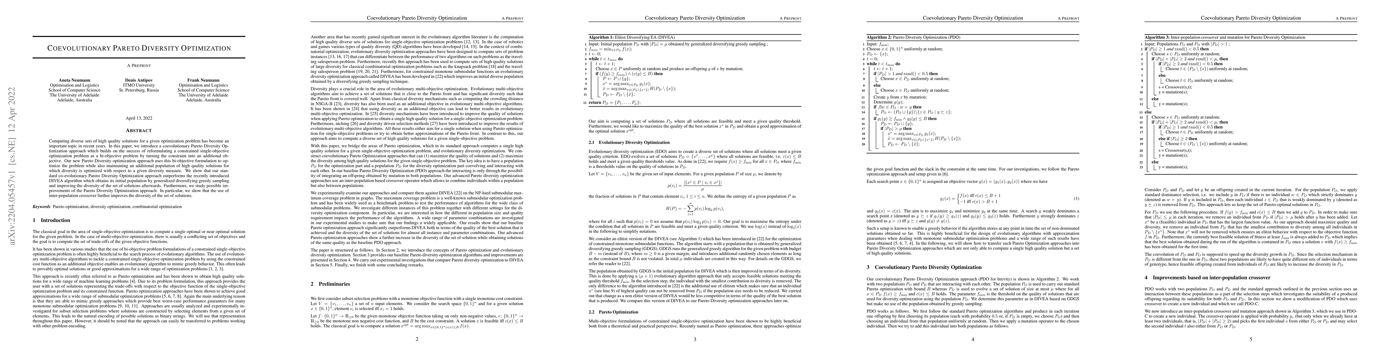 Thumbnail for Coevolutionary Pareto Diversity Optimization
