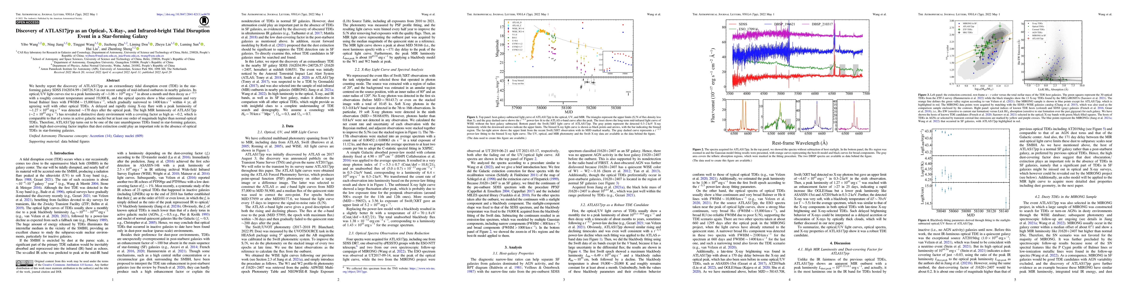 Thumbnail for Discovery of ATLAS17jrp as an Optical, X-ray and Infrared Bright TDE in
  a Star-forming Galaxy