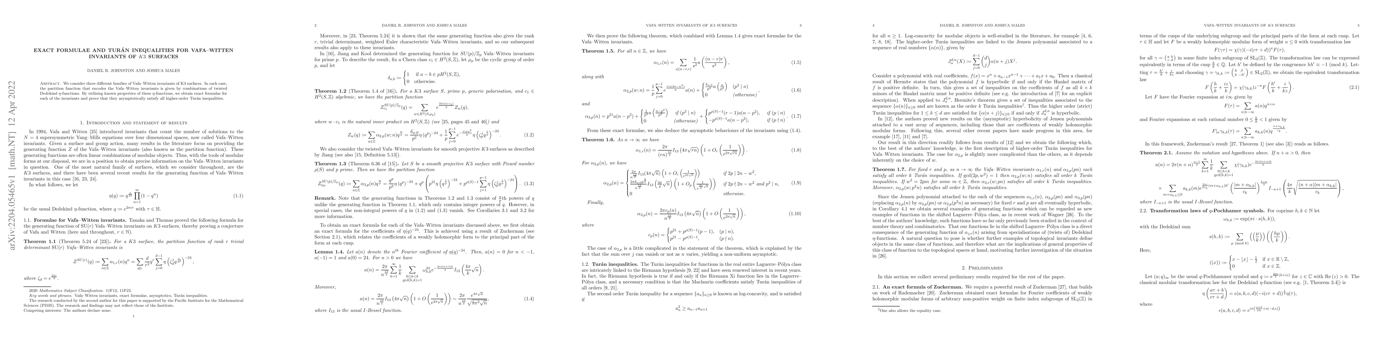 Thumbnail for Exact formulae and Tur\'{a}n inequalities for Vafa-Witten invariants of
  $K3$ surfaces