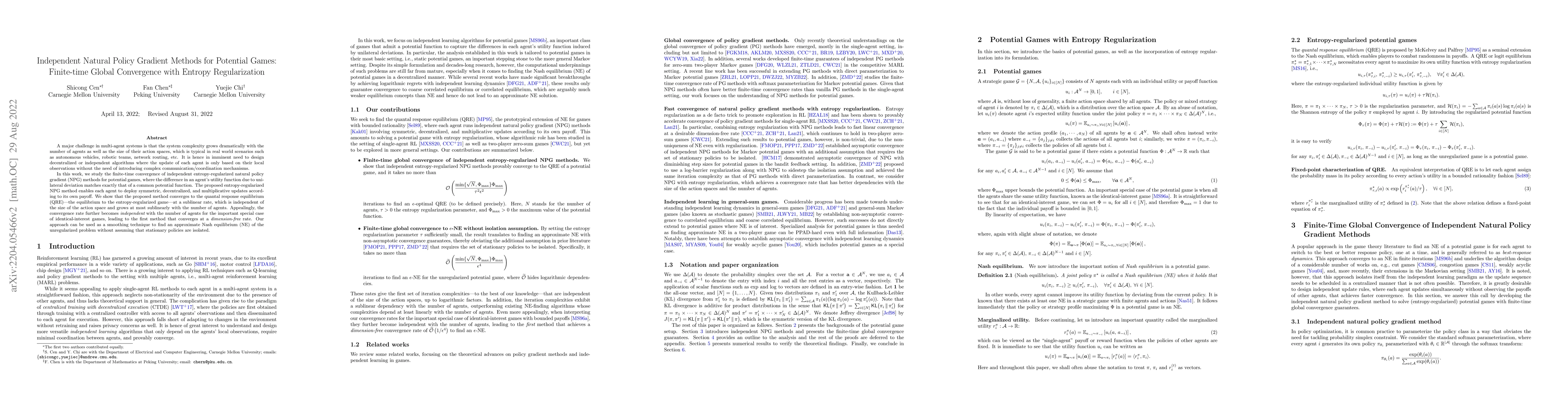 Thumbnail for Independent Natural Policy Gradient Methods for Potential Games:
  Finite-time Global Convergence with Entropy Regularization