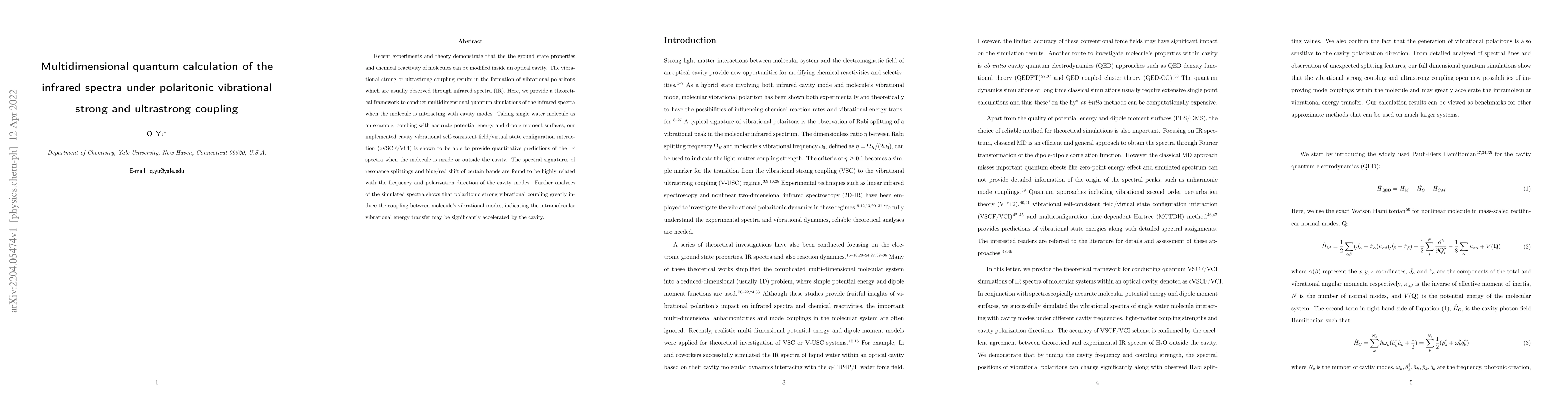 Thumbnail for Multidimensional quantum calculation of the infrared spectra under
  polaritonic vibrational strong and ultrastrong coupling
