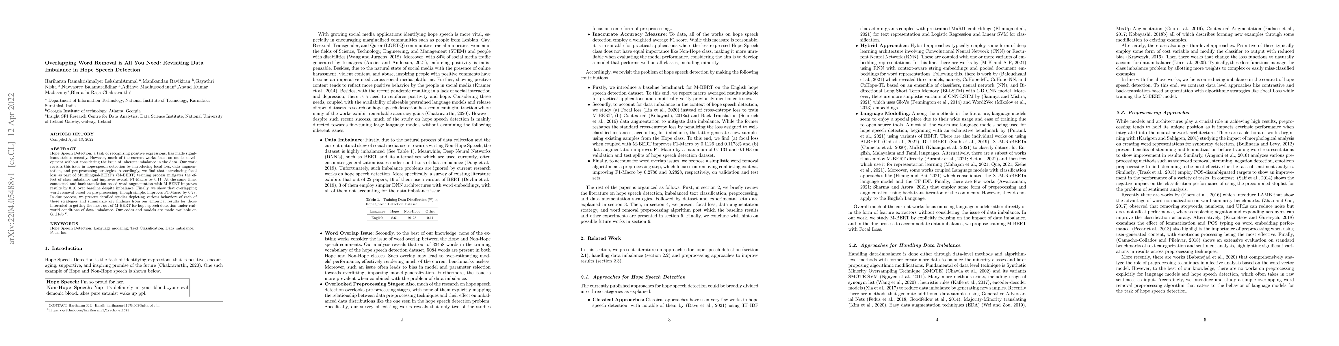 Thumbnail for Overlapping Word Removal is All You Need: Revisiting Data Imbalance in
  Hope Speech Detection